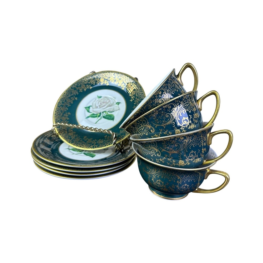 Vintage Stradford Chantilly Emerald Green Gold Filigree Tea Cup & Saucer Set 4
